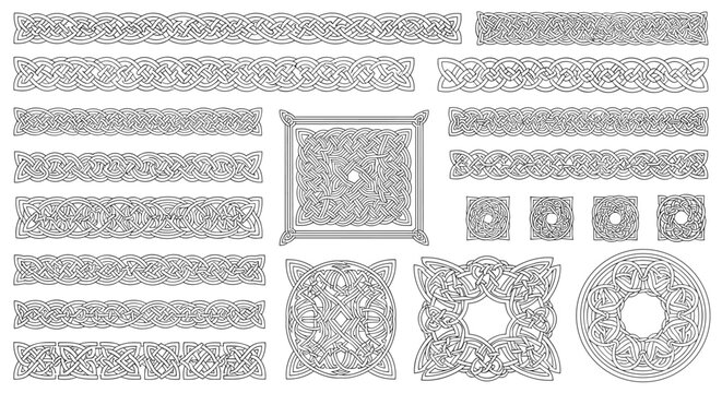 Comprehensive collection of intricate celtic knot designs including borders squares circles and crosses in black line art for graphics.