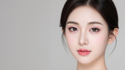Fototapeta premium Serene Beauty: A portrait of serene beauty, featuring a woman with radiant skin, captivating eyes, and a delicate smile, exuding a sense of peace and tranquility.