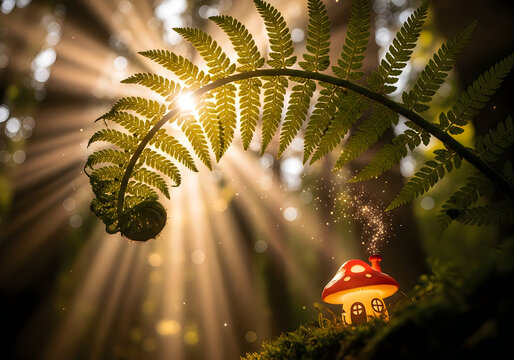Whimsical mushroom house in lush green forest lighting