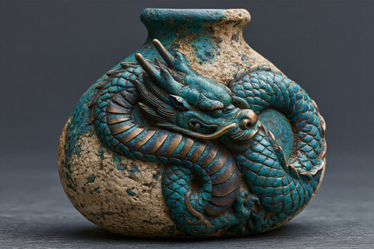 A majestic Takaoka bronze vase sculpted in the form of a coiled dragon. Traditional Japanese craft featuring a rugged stone-like body and vibrant turquoise verdigris patina