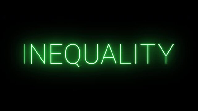 Flickering neon green glowing inequality sign animated black background.