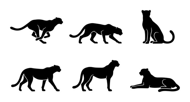 Six Silhouette Cheetah Vector Icons, Wild Cat Poses, African Big Cat Graphics, Elegant Feline Animal Illustrations for Wildlife Design