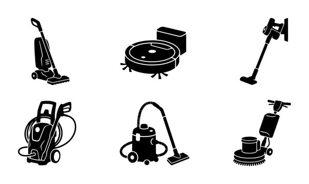 Household Cleaning Appliances Vector Icons: Vacuum Cleaners, Pressure Washer, Floor Polisher, Robot Vacuum Set