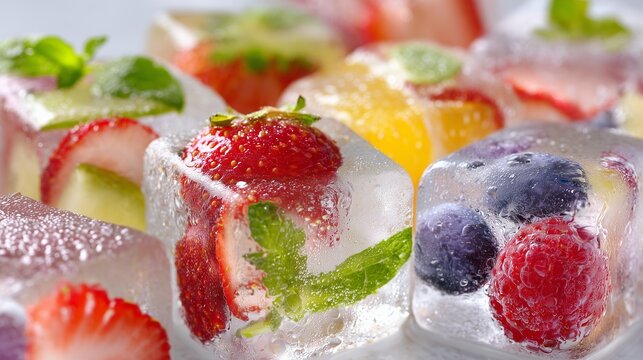 Ice cubes with fruits inside, macro shot