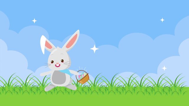 Happy easter bunny walking on green grass field with basket of painted eggs and blue sky background.