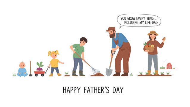 Father's Day in the Garden: A heartwarming illustration of a family celebrating Father's Day, illustrating the growth and nurturing of a father, from baby to adult.