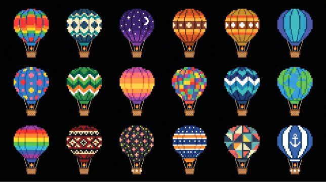 Colorful Hot Air Balloon Pixel Art Collection with Various Patterns