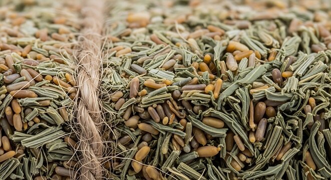 A close-up view of dried alfalfa bales showing detailed texture of green forage grass and brown seeds tied together with rustic natural twine fiber