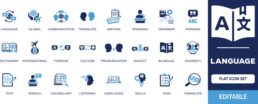 Language editable solid icon set. Containing global, communication, translate, writing, speech, speaking, grammar, dictionary, text, skills, vocabulary and more vector illustration icons collection.