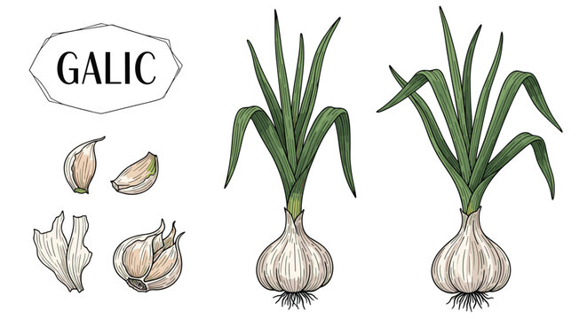 Comprehensive botanical illustration set of garlic including whole bulbs, cloves, and green stems with a vintage style calligraphic label.