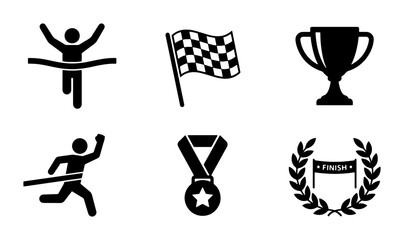 Victory and Achievement Icons: Runner Crossing Finish Line, Checkered Flag, Trophy, Medal, Laurel Wreath, Set of 6 Black and White Vector Graphics © Mashiur