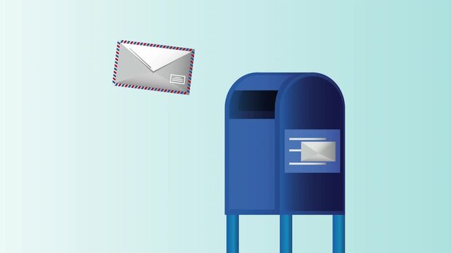 Blue mailbox receives envelope during day, animation clip.