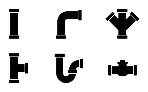 Plumbing Pipe Fittings Vector Icons Set: Straight Pipe, Elbow, Tee, Y-Junction, Trap, Valve for Construction and Industry Graphics