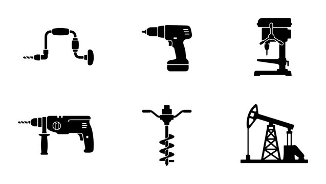 Drill Icons Set: Hand Brace, Power Drill, Drill Press, Rotary Hammer, Auger, Oil Pumpjack, Industrial Tools Collection