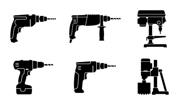 Drill Icons Set, Power Tool Collection, Rotary Hammer and Drill Press Vector Graphics, Construction and DIY Equipment Silhouettes