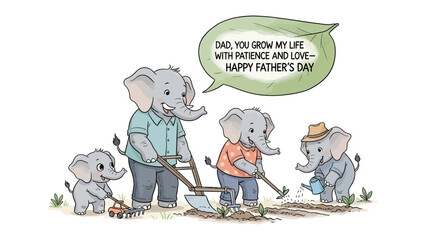 A Father's Day Tribute: Adorable elephant family working together in the garden, a heartwarming scene celebrating the bond between father and child on Father's Day.  © Azizun