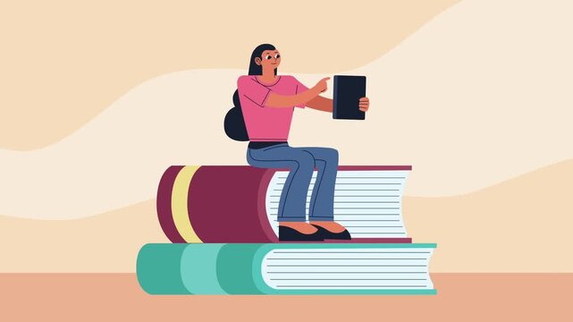 Woman student sitting on large books using tablet computer for online learning and research motion graphics.