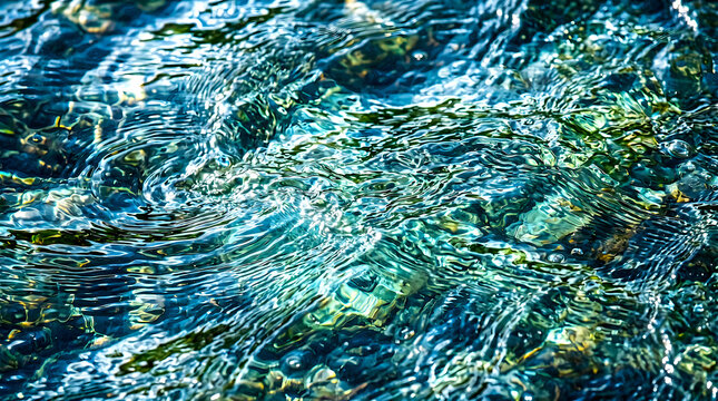 Close-up view of clear, flowing water over a rocky riverbed with shimmering light and ripples.