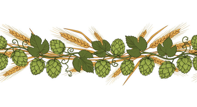 Seamless horizontal border of green hop cones and golden wheat ears for brewery and bakery design projects.