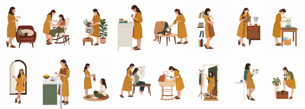 Comprehensive illustration set featuring a midwife or doula providing various postpartum care services, breastfeeding support, and newborn health checks in a home environment.