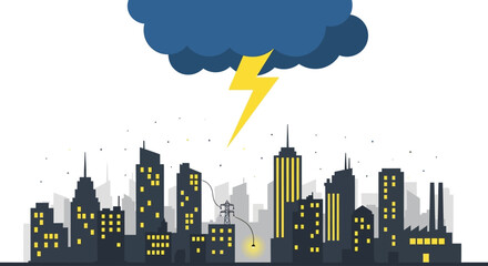 Stormy weather over a city skyline with lightning striking amid dark clouds. © Andin