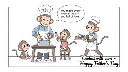 Family's Delight in the Kitchen: A heartwarming illustration of a monkey family, father and children, joyfully engaged in cooking a meal, filled with love and warmth.  © azizunnahar