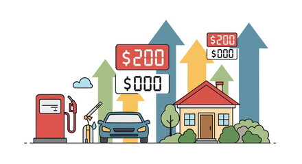 Naklejka premium Illustration of rising costs in fuel, car maintenance, and housing expenses.