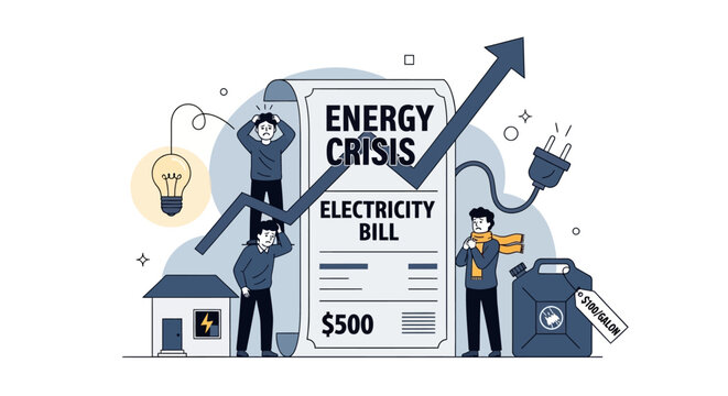 Conceptual illustration of rising electricity bills and energy crisis impact on households and fuel prices.