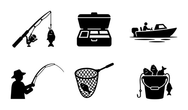 Fishing Icons Set: Rod, Tackle Box, Boat, Angler, Net, Bucket, Vector Graphics for Outdoor Recreation and Sport