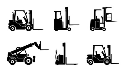 Forklift Icons Set, Industrial Vehicle Silhouettes, Material Handling Equipment Vector Graphics for Logistics and Warehouse Applications © Hasibur