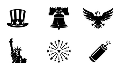 USA Patriotic Icons Set: Uncle Sam Hat, Liberty Bell, Eagle, Statue of Liberty, Fireworks, Dynamite Stick Vector Graphics © Hasibur
