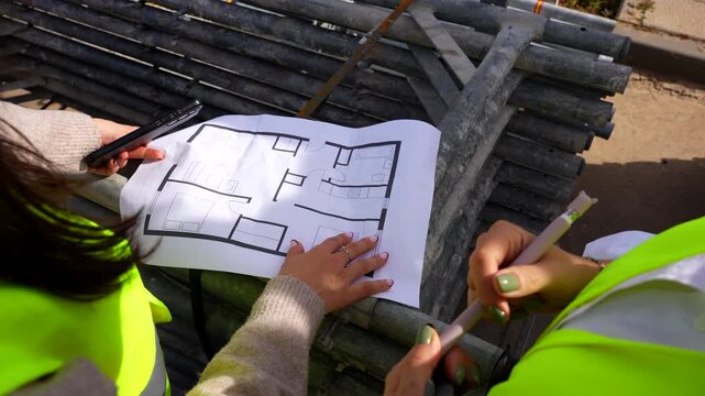 Two female construction workers are reviewing and discussing a building floor plan on a construction site