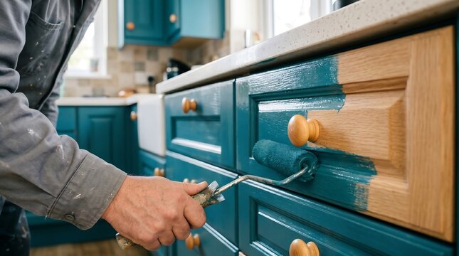 Skilled professional painter uses a small foam roller to apply fresh teal paint onto an old wooden kitchen cabinet drawer while performing a home renovation project