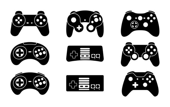 Retro Gaming Controllers Collection, Vintage Video Game Joysticks Set, Classic Console Input Devices, Digital Entertainment Iconography