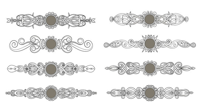 Collection of vintage decorative dividers and borders with central circles for framing text on a white background.