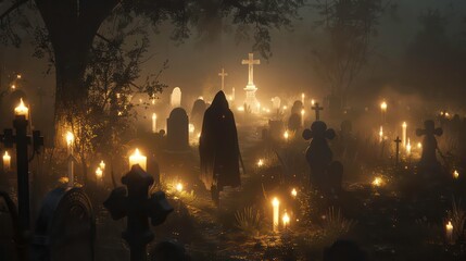 Obraz premium A hooded figure walks through a dark and misty cemetery at night, illuminated by flickering candles and crosses.