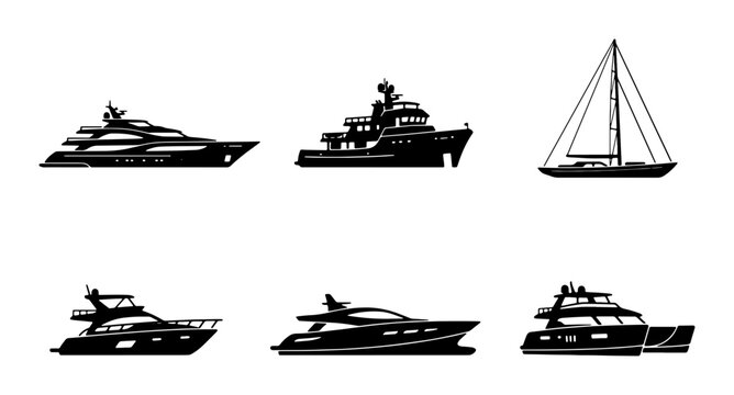 Luxury Yacht Silhouettes, Nautical Vessels Collection, Modern Speedboats and Sailboat Icons, Marine Transport Set