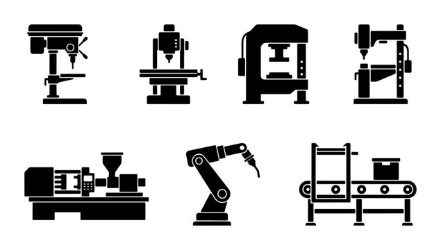 Industrial Machinery Icons Set: Manufacturing Equipment, Automation Robot, Press, Drill, Conveyor, Injection Molding Machine, CNC Mill