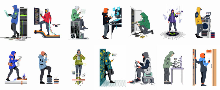 Vector illustration collection of hackers, IT professionals, and technical staff engaged in cybersecurity, data management, and network maintenance in high-tech environments.