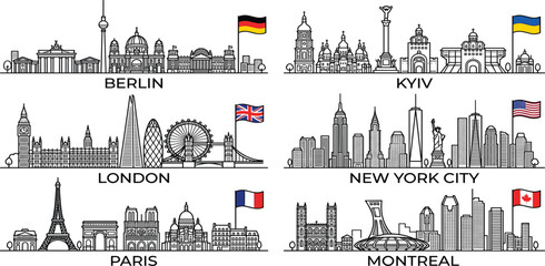 Obraz premium Set of Modern Line Art City Skyline Vectors with National Flags for Berlin Kyiv London New York Paris and Montreal\