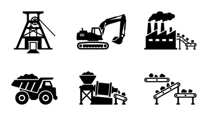 Industrial Mining Icons Set: Excavator, Dump Truck, Conveyor Belt, Factory, Coal Mine Shaft, Processing Plant Vector Graphics for Heavy Industry and Resource Extraction © Mahfuz