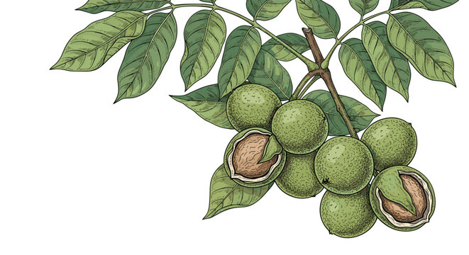 Botanical illustration of green walnuts on a branch with detailed leaves and one nut partially opened to show the shell.