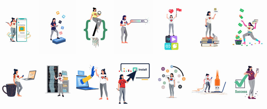 Set of flat vector illustrations featuring a female software engineer working on coding, app development, data management, and celebrating professional success in tech.