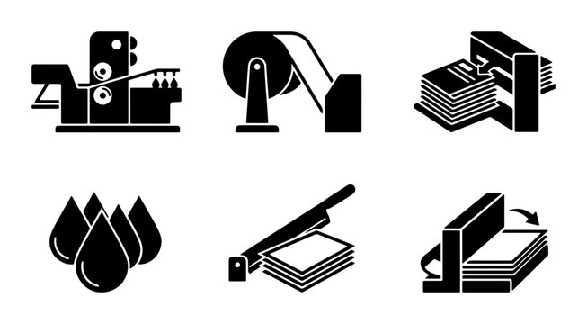 Printing Industry Icons Set: Offset Press, Ink, Paper Cutter, Stacker, Roll Feeder, Binding Machine. Industrial Manufacturing Graphics.