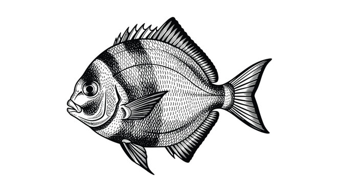 Detailed black and white sketch of a sea bream fish with its distinctive round body and striped patterns on a white background.