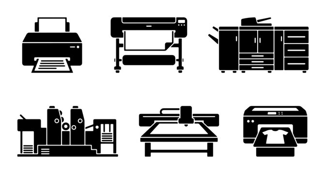 Printing Technology Icons: Offset Press, Large Format Printer, Digital Copier, T-Shirt Printer, Laser Cutter, Desktop Printer Vector Set