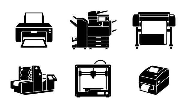 Printing Technology Icons: Office Printer, Copier, Large Format Printer, Offset Press, 3D Printer, Label Printer Vector Set