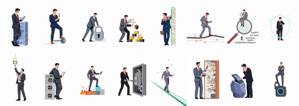 Collection of businessman illustrations representing data security, cyber defense, IT management, auditing, and corporate strategies in a professional flat vector style.