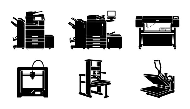 Printing and Manufacturing Equipment Icons: Digital Printers, 3D Printer, Heat Press, Offset Press, Large Format Printer, Office Copier