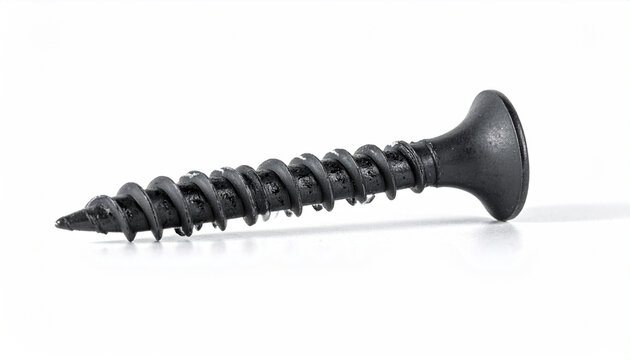 Black drywall screw with deep threads and a countersunk head on white